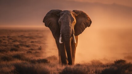 Obraz premium Majestic elephant walks through the golden dust of the savannah at sunset during warm evening hours