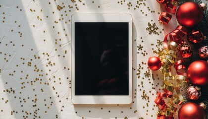 Digital Celebration: An empty digital tablet is centered amid festive holiday ornaments. The image symbolizes a modern celebration.