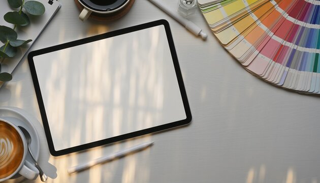 Workspace with Modern Design Tools: A modern workspace with a digital tablet and various design tools, capturing the essence of creativity and innovation. 