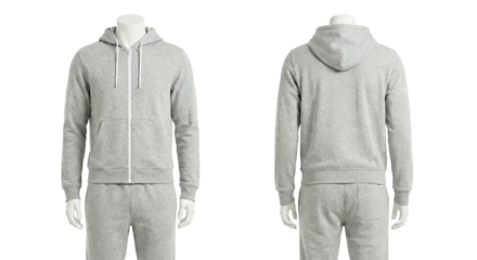 Blank gray tracksuit mockup on invisible mannequin. Front and back view of zip-up hoodie and sweatpants. Sportswear template for design and branding.