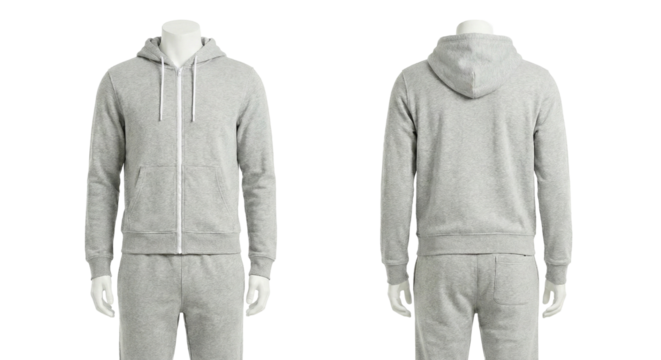 Blank gray tracksuit mockup on invisible mannequin. Front and back view of zip-up hoodie and sweatpants. Sportswear template for design and branding.