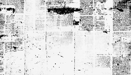 Old newspaper background texture wallpaper design. Waste paper and old newspapers. Distressed newspaper texture in black and white with torn and ink-stained areas for vintage aesthetic. 