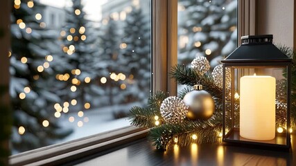 Warm candlelight shines through the window, surrounded by holiday ornaments and twinkling lights in a peaceful winter setting - Powered by Adobe