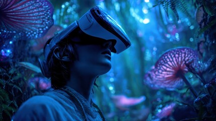 Exploring a vibrant virtual world with connected devices and immersive experiences in a fantastical setting filled with glowing mushrooms