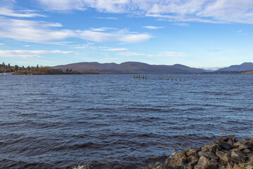 View of Loch Lomond and the Highlands mountain range in Scotland