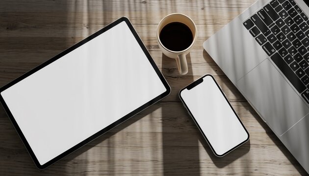 Workspace Technology: A top-down perspective captures the harmonious blend of a laptop, tablet, smartphone and a steaming cup of coffee.