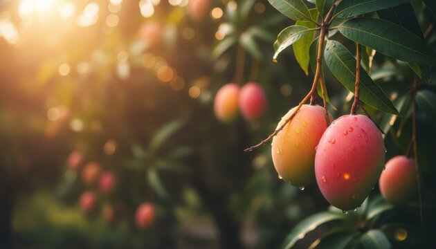 Close-up of ripe mangoes hanging on a tree branch at sunset. Tropical fruit garden with warm sunlight and copy space.