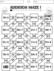 Addition maze puzzle game worksheet for child
