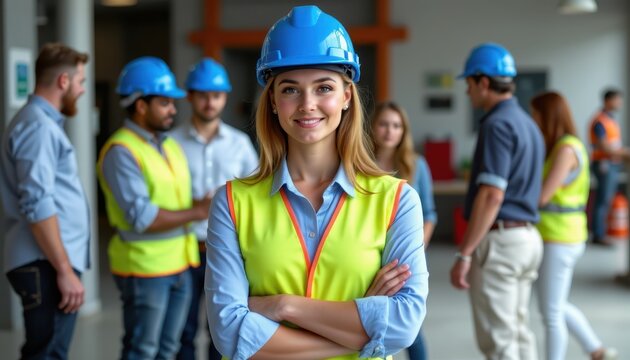 Confident Female Engineer Leading Construction Team in Modern Office Environment with Hard Hats and Safety Vests