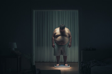 Stressed out man measuring his body weight 