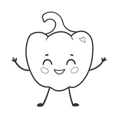 Vector illustration of a cute bell pepper with smiling face in black and white. Line art isolated vegetable object.