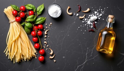 Fresh Ingredients for Italian Cuisine Including Pasta, Cherry Tomatoes, Olive Oil, and Cooking Essentials on Dark Background