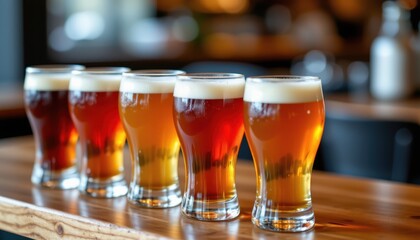 Assortment of Craft Beer Glasses on Wooden Bar Top with Varying Colors and Textures Showcasing Unique Brews