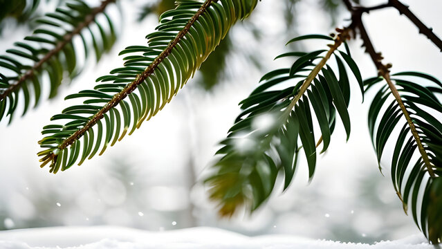 Snow-covered pine branches with blurred winter background