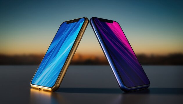 Elegant Duo: Showcasing two sleek smartphones with vibrant, dynamic displays against a gradient sky, emphasizing innovation and connection.