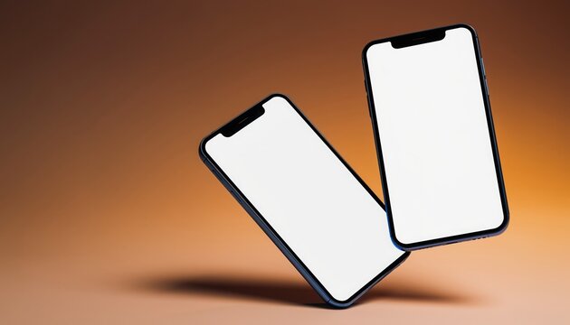 Two Smartphones with Blank Screens: Two sleek smartphones with blank, bright screens appear to float effortlessly against a gradient background, offering space for design. - Powered by Adobe