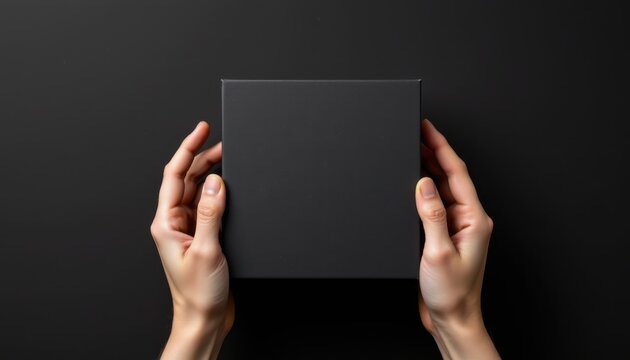 Elegant Hands Holding a Minimalist Black Box on a Dark Surface with Soft Lighting