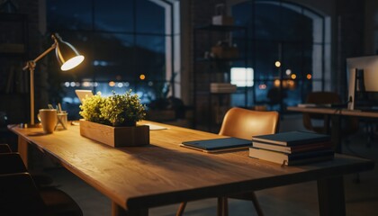 Cozy Workspace: An inviting desk, bathed in the soft glow of a desk lamp, offering a comforting atmosphere for focus and productivity.