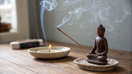 Buddha statue with incense and candle creating a peaceful and spiritual atmosphere