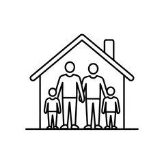 A same-sex couple with children inside a house represents a modern family unit.