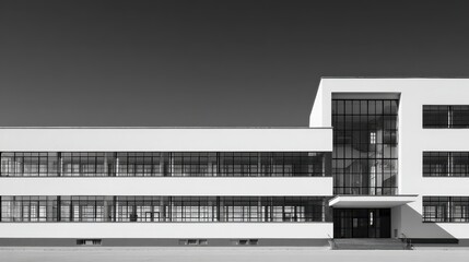 Modern architecture showcases clean lines and large windows in a minimalist building design set against a clear sky