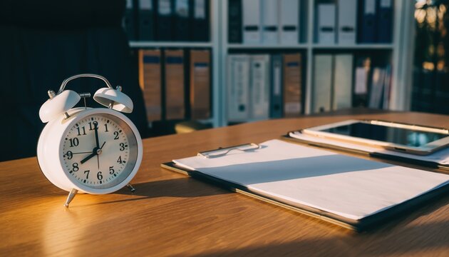 Time Management on Desk: A classic white alarm clock, a digital tablet, and a notepad with pen on a sleek wooden desk, evoking the essence of productivity, time management. - Powered by Adobe