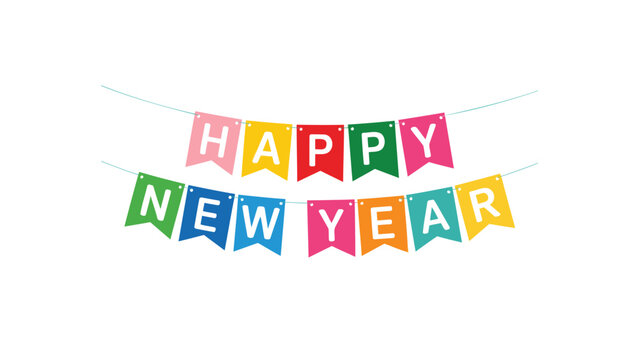Colorful festive happy new year bunting flags displayed on a white background for celebrations