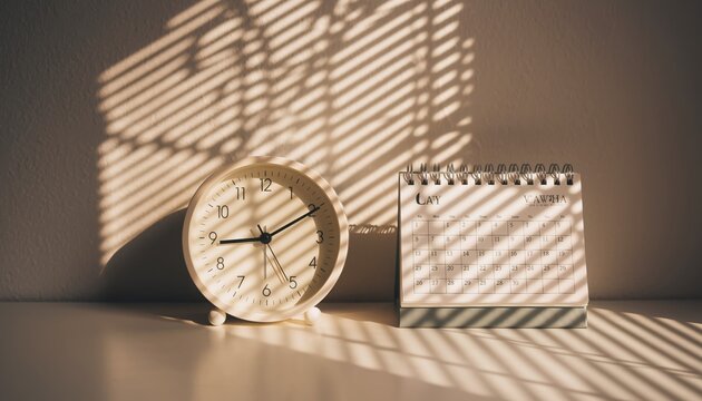 Time and Date Harmony: A clock and calendar sit side-by-side bathed in the interplay of shadows, capturing the essence of time.