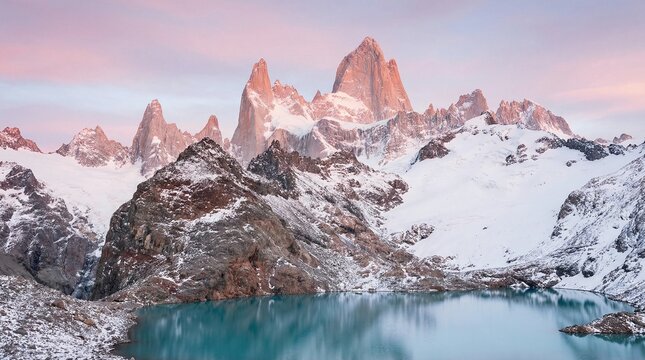 Fitz roy mountain range at sunrise over a glacial lake