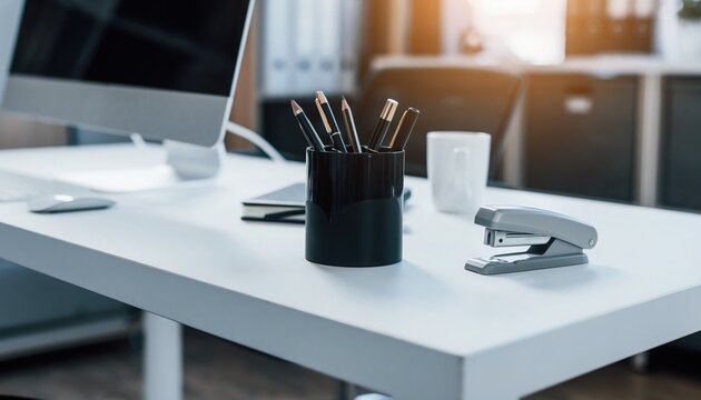 Workspace Essentials: A sleek, modern workspace featuring a collection of office supplies, creating an ambiance of productivity and order.