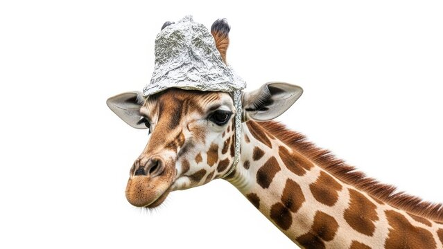 giraffe wearing a tinfoil hat, paranoid, paranoia, on a white background, animal photo