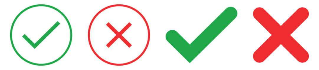 Obraz premium Sharp green checkmark and red cross on isolated white background vector symbol for right and wrong choices. Modern flat design, Checkmark icon set. Checkmark right symbol tick sign 