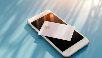 Digital Payment: a credit card rests gracefully atop a sleek smartphone, set against a backdrop of soft shadows, embodying the seamless integration of technology and finance. 