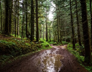 Fototapeta premium muddy forest trail surrounded by towering trees