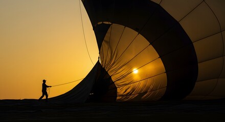 Obraz premium Hot Air Balloon Silhouette: Person Preparing Fabric Against Golden Sunrise Sky