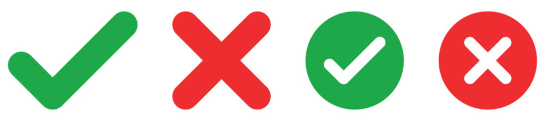 Fototapeta premium Sharp green checkmark and red cross on isolated white background vector symbol for right and wrong choices. Modern flat design, Checkmark icon set. Checkmark right symbol tick sign 