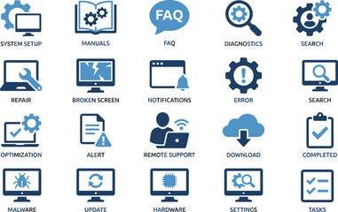 Blue computer repair icon set featuring malware, diagnostics, remote support, and system maintenance symbols for IT service websites, technology companies, and technical support software interfaces.