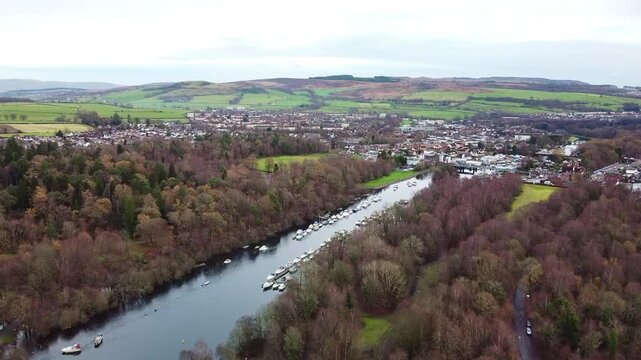 Aerial view of Balloch village and River Leven, Scotland