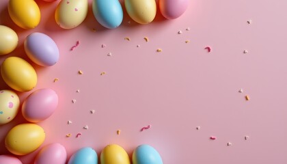 Colorful Easter Eggs and Candy Sprinkles on a Pastel Pink Background for Festive Celebrations and Decorations