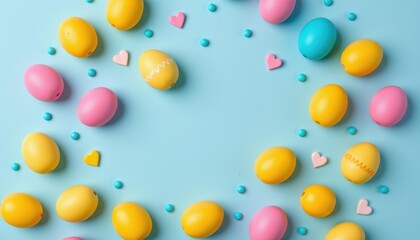 Colorful Easter Eggs and Small Hearts on Soft Blue Background for Spring Festivities and Celebrations