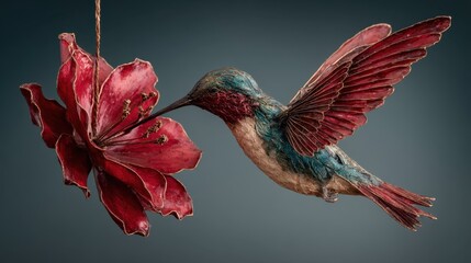 Fototapeta premium Brightly colored hummingbird approaches red flower in a detailed art piece showcasing nature's beauty amidst a dark background