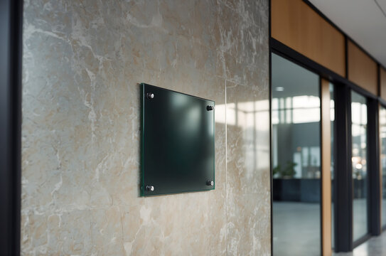 Elegant glass nameplate mockup mounted on modern office wall