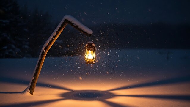 Glowing lantern illuminating a tranquil snowy winter night scene with falling snowflakes and warm light casting star-like shadows on fresh snow
