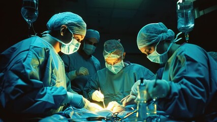 Video Group of surgeons performing surgery in a darkened operating room, focused on the patient - Powered by Adobe