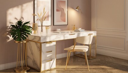 Elegant Workspace: A stylish desk with gold accents, set in a cozy room, where the warm sunlight brings comfort and creates a haven for focused creativity and work.