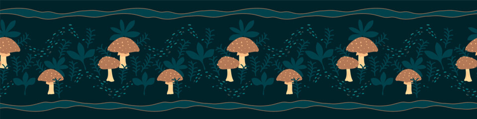 Mushroom seamless border pattern design with ribbons and botanical elements for cozy forest themed. Vector illustration a dark teal blue, brown color textured background