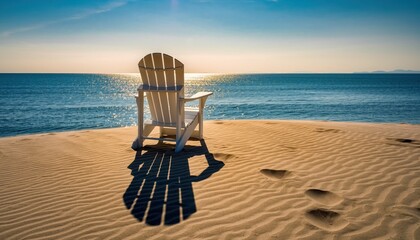 Seaside serenity: An inviting chair casts a long shadow on the sandy shore, set against a backdrop of shimmering sea under a clear sky, an invitation to unwind.