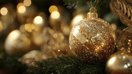 close-up of glittering gold Christmas ornaments on pine