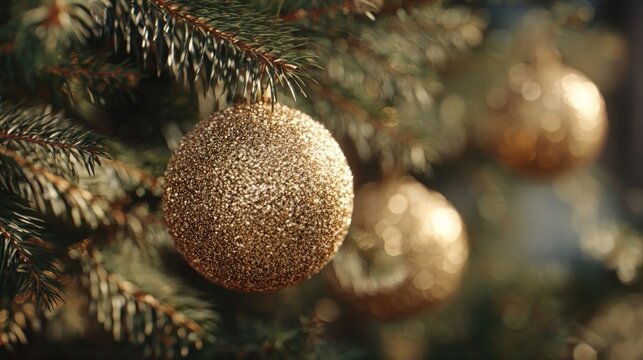 close-up of glittering gold Christmas ornaments on pine - Powered by Adobe