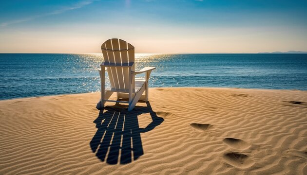 Seaside serenity: An inviting chair casts a long shadow on the sandy shore, set against a backdrop of shimmering sea under a clear sky, an invitation to unwind.